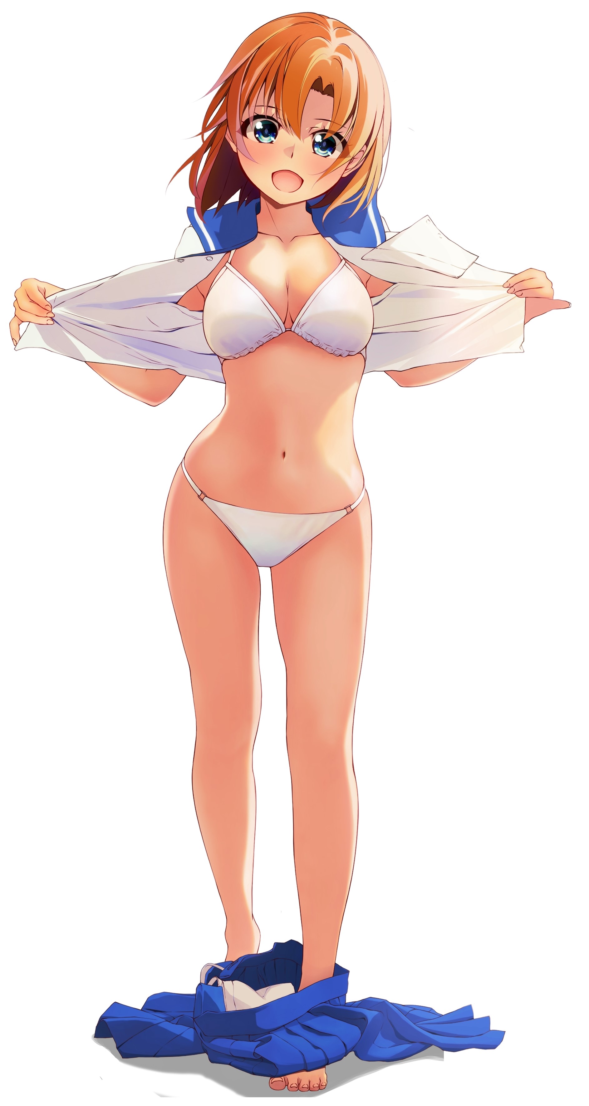 chuutaro metal, ryuuguu rena, higurashi no naku koro ni, absurdres, commentary request, highres, 1girl, :d, adapted costume, barefoot, bikini, bikini under clothes, blue eyes, blue sailor collar, blue skirt, breasts, brown hair, cleavage, clothes pull, full body, happy, medium breasts, navel, open clothes, open mouth, open shirt, pleated skirt, presenting swimsuit, pulling own clothes, sailor collar, sailor shirt, school uniform, serafuku, shirt, shirt pull, short hair, simple background, skirt, smile, solo, standing, swimsuit, tareme, unworn clothes, unworn skirt, white background, white bikini, white shirt