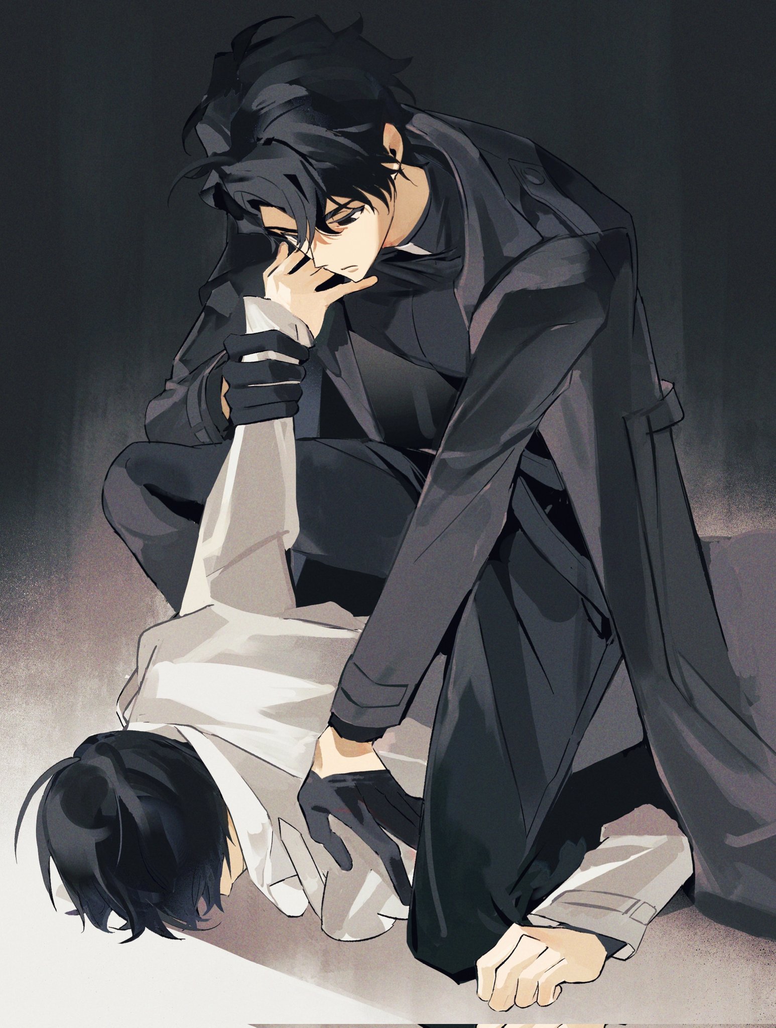 senbe81, kim dokja, yoo joonghyuk, omniscient reader's viewpoint, highres, 2boys, black coat, black eyes, black gloves, black hair, boy on top, coat, expressionless, full body, gloves, holding another's wrist, kneeling, looking at another, male focus, multiple boys, open clothes, open coat, pinned, popped collar, short hair, white coat