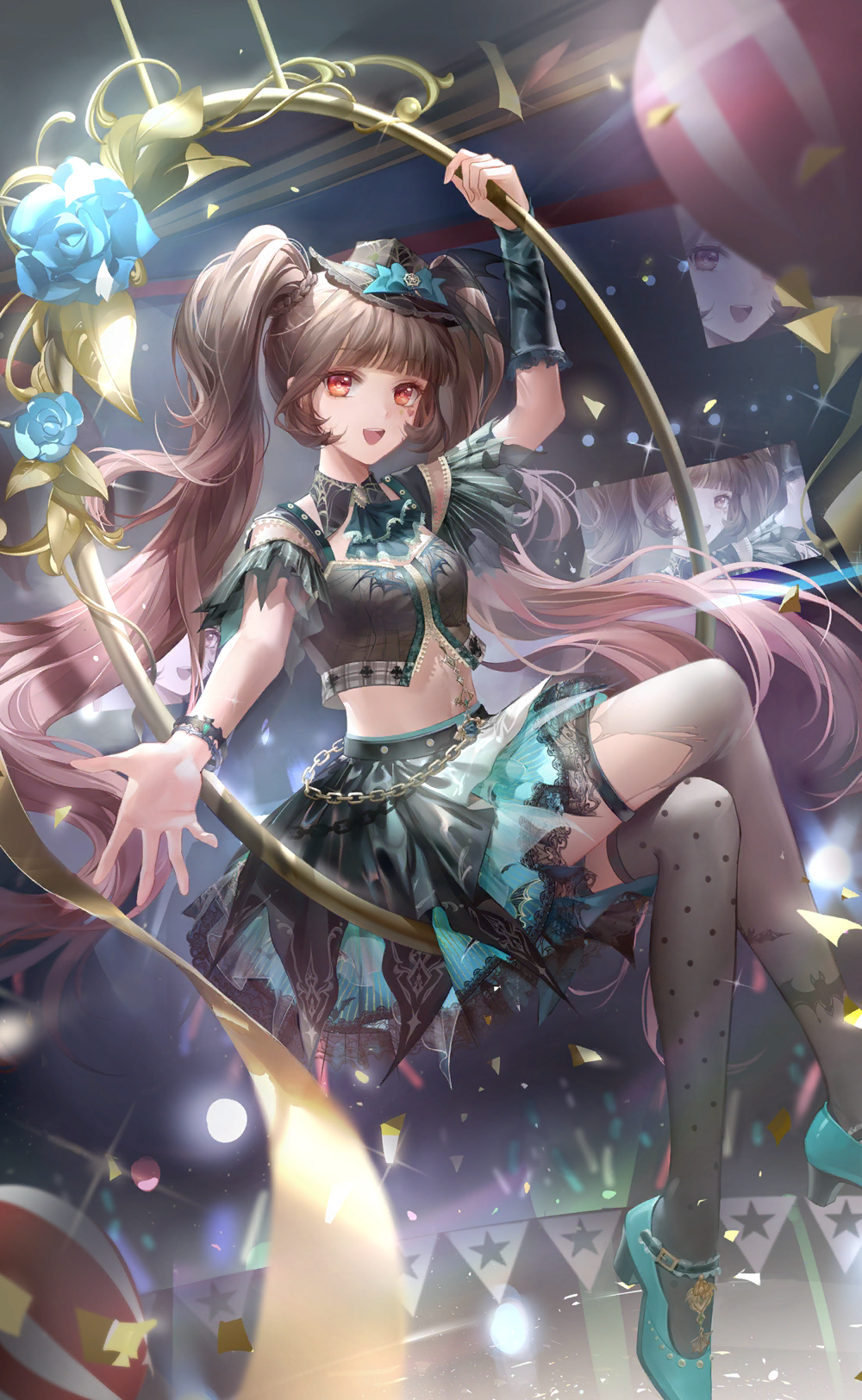 dodora, nikki (series), shining nikki, artist request, game cg, highres, official art, 1girl, arm warmers, ascot, audience, balloon, black arm warmers, black ascot, black collar, black hat, black skirt, black sleeves, black tube top, blue bow, blue flower, blue rose, blue shoes, blunt bangs, bow, bracelet, brown hair, chain belt, circus, collar, confetti, crossed legs, detached collar, detached sleeves, dot nose, eyelashes, flower, frilled arm warmers, full body, glowstick, gradient hair, grey thighhighs, happy, hat, hat bow, high heels, indoors, jewelry, lace, lace-trimmed skirt, lace trim, light particles, looking at viewer, midriff, mini hat, miniskirt, mismatched thighhighs, multicolored hair, navel, official alternate color, open mouth, outstretched hand, penlight (glowstick), pink hair, pleated skirt, pleated sleeves, polka dot, polka dot thighhighs, pumps, red eyes, rose, see-through clothes, see-through thighhighs, shoes, single arm warmer, skirt, smile, solo, stage, strapless, teeth, thighhighs, torn clothes, torn thighhighs, tube top, twintails, two-tone hair, upper teeth only, wavy hair, wide sleeves, wings of chloe (shining nikki)