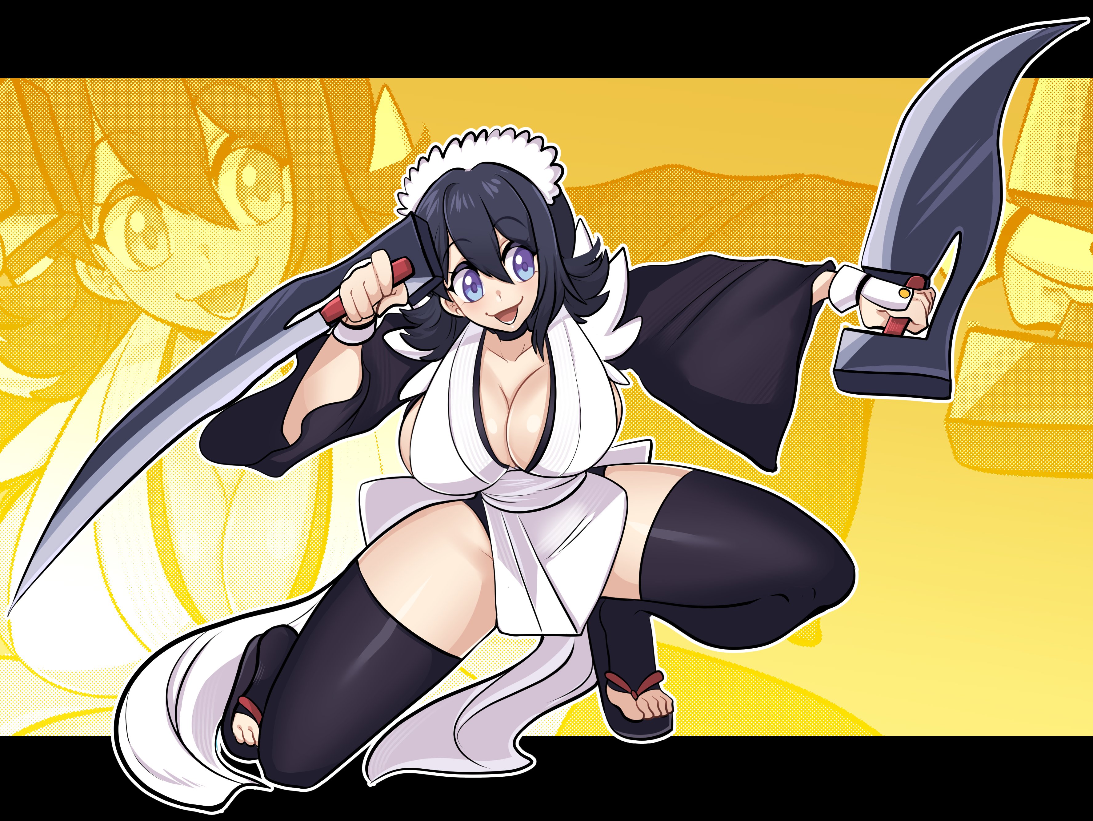 missandydandy, iroha (samurai spirits), samurai spirits, snk, absurdres, highres, 1girl, apron, black hair, black thighhighs, blue eyes, breasts, butterfly swords, choker, cleavage, flipped hair, frilled leotard, frills, hair ornament, huge breasts, japanese clothes, lace-trimmed apron, lace trim, large breasts, leotard, maid, maid headdress, maid leotard, multiple swords, open mouth, short hair, smile, solo, thighhighs, thighs, toeless legwear, unconventional maid, weapon