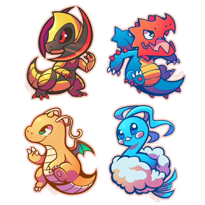 malky (malkshake), altaria, dragonite, druddigon, haxorus, nintendo, pokemon, blue eyes, chibi, claws, full body, gen 1 pokemon, gen 3 pokemon, gen 5 pokemon, green eyes, no humans, open mouth, outline, pink outline, pokemon (creature), red eyes, signature, simple background, smile, white background, yellow eyes
