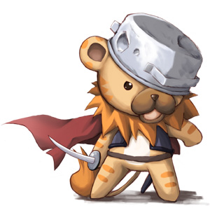 pikachi, don leon, ar tonelico, ar tonelico i, gust, lowres, 00s, cape, cooking pot, donsuke, no humans, simple background, solo, stuffed animal, stuffed toy, sword, weapon