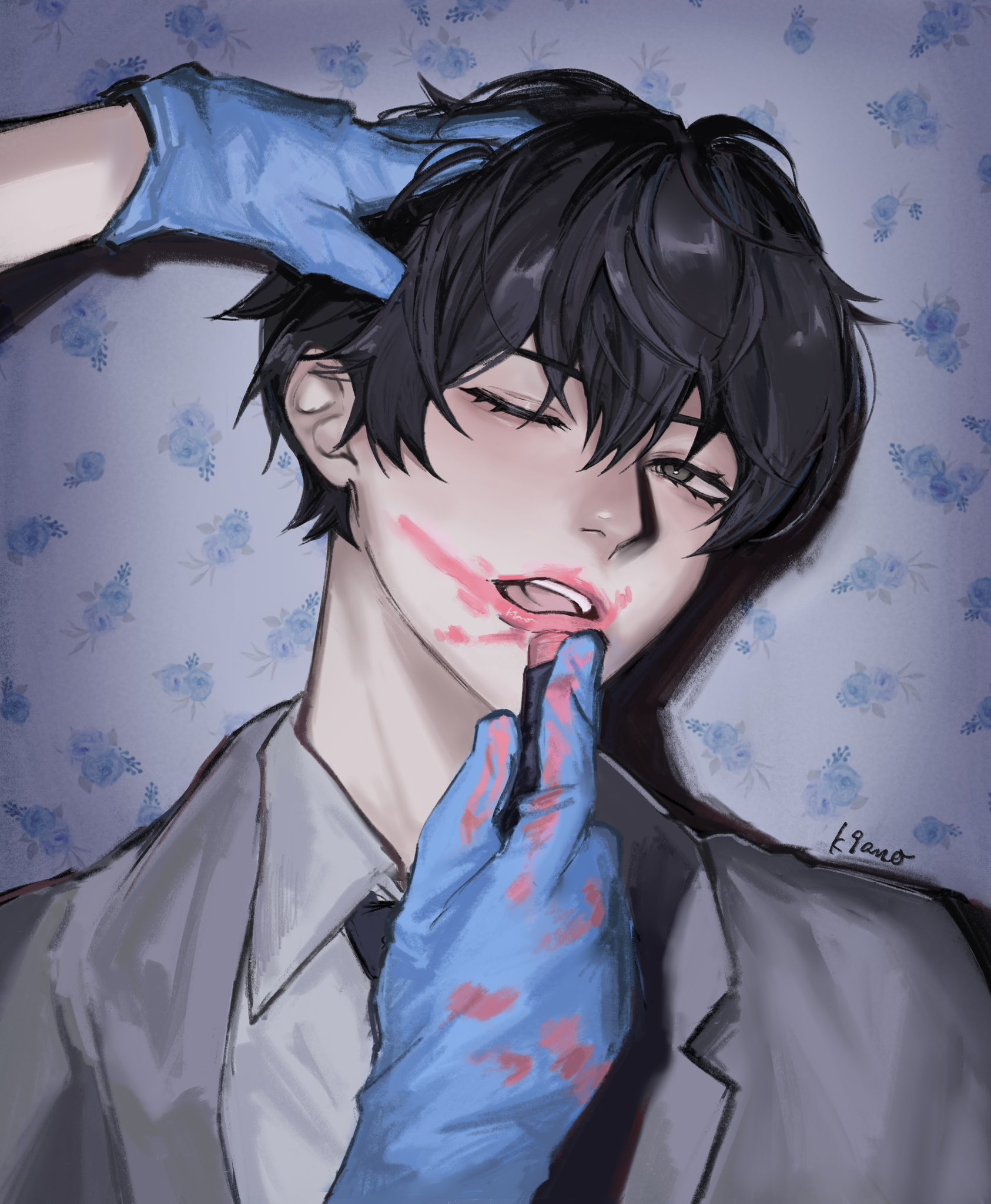 kim dokja, omniscient reader's viewpoint, highres, 1boy, 1other, against wall, applying another's makeup, applying makeup, black eyes, black hair, black necktie, blue gloves, coat, collared shirt, gloves, hair between eyes, head tilt, k9an 0, lipstick, looking at viewer, makeup, male focus, necktie, one eye closed, open mouth, pov, pov hands, shadow, shirt, short hair, smeared lipstick, upper body, white coat, white shirt