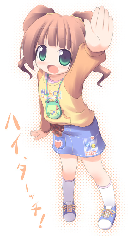 kagura yuuki, takatsuki yayoi, idolmaster, idolmaster (classic), idolmaster 1, 00s, 1girl, arm up, brown hair, female focus, from above, green eyes, open mouth, raglan sleeves, solo, twintails
