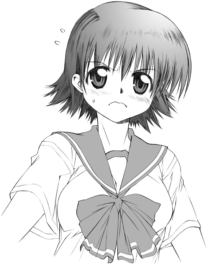 yamaguchi homupe, tonami yuma, to heart (series), to heart 2, 00s, 1girl, female focus, frown, greyscale, monochrome, school uniform, serafuku, simple background, solo, upper body, white background