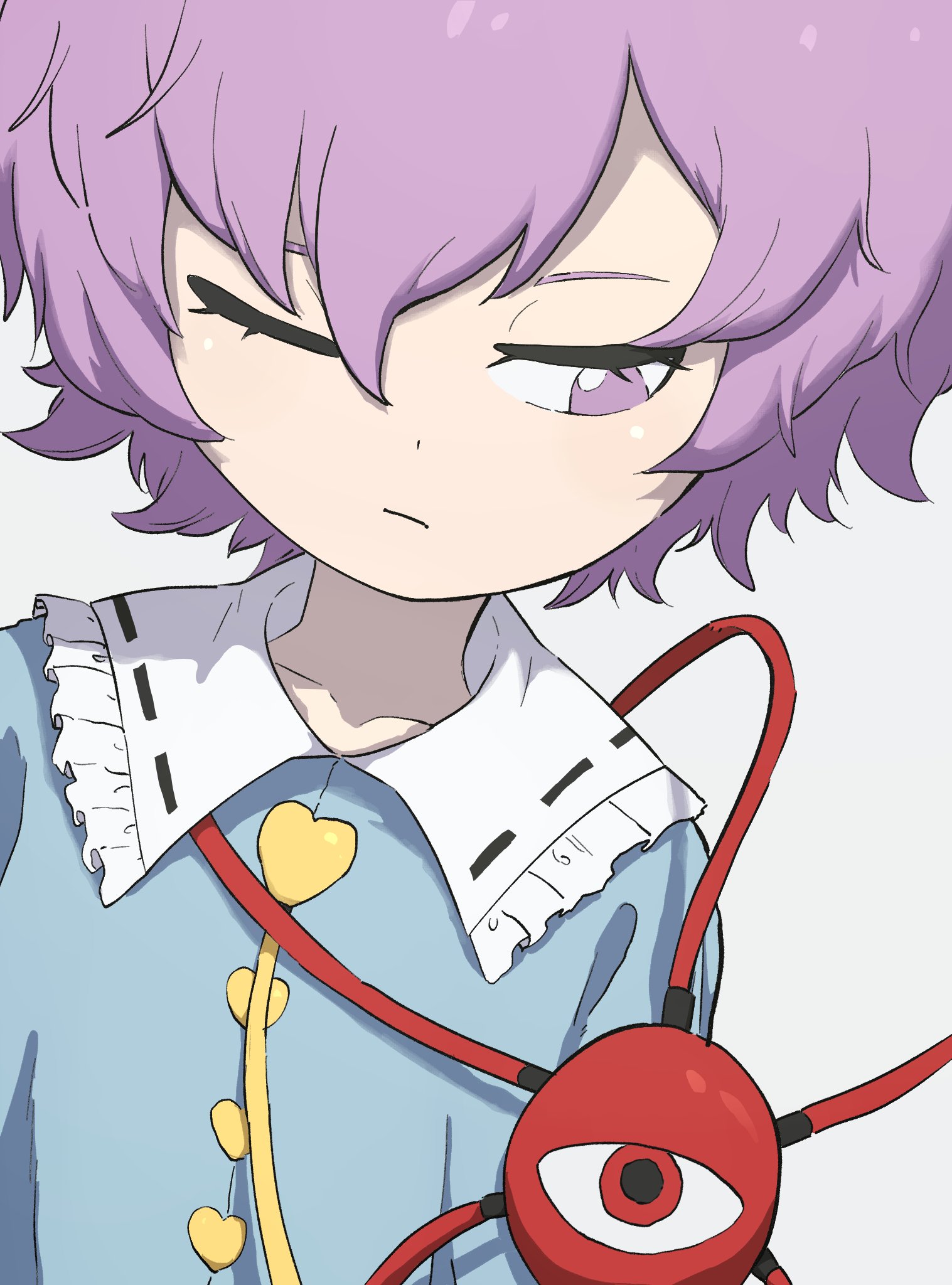 uzou (uzooooooooo), komeiji satori, touhou, highres, 1girl, blue shirt, collarbone, frilled shirt collar, frills, hair between eyes, looking down, one eye closed, pink eyes, pink hair, shirt, short hair, simple background, solo, third eye, white background