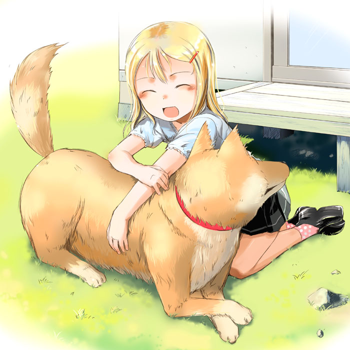 sody, tagme, 1girl, blonde hair, dog, female focus, happy, solo