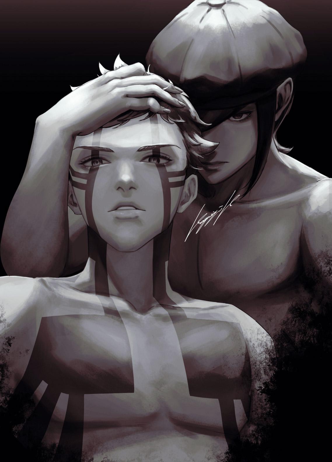 demi-fiend, nitta isamu, shin megami tensei, shin megami tensei iii: nocturne, highres, 2boys, artist name, black background, body markings, covering one eye, greyscale, hand on another's head, hat, kamarin75, looking at viewer, male focus, monochrome, multiple boys, newsboy cap, short hair, signature, topless male, upper body