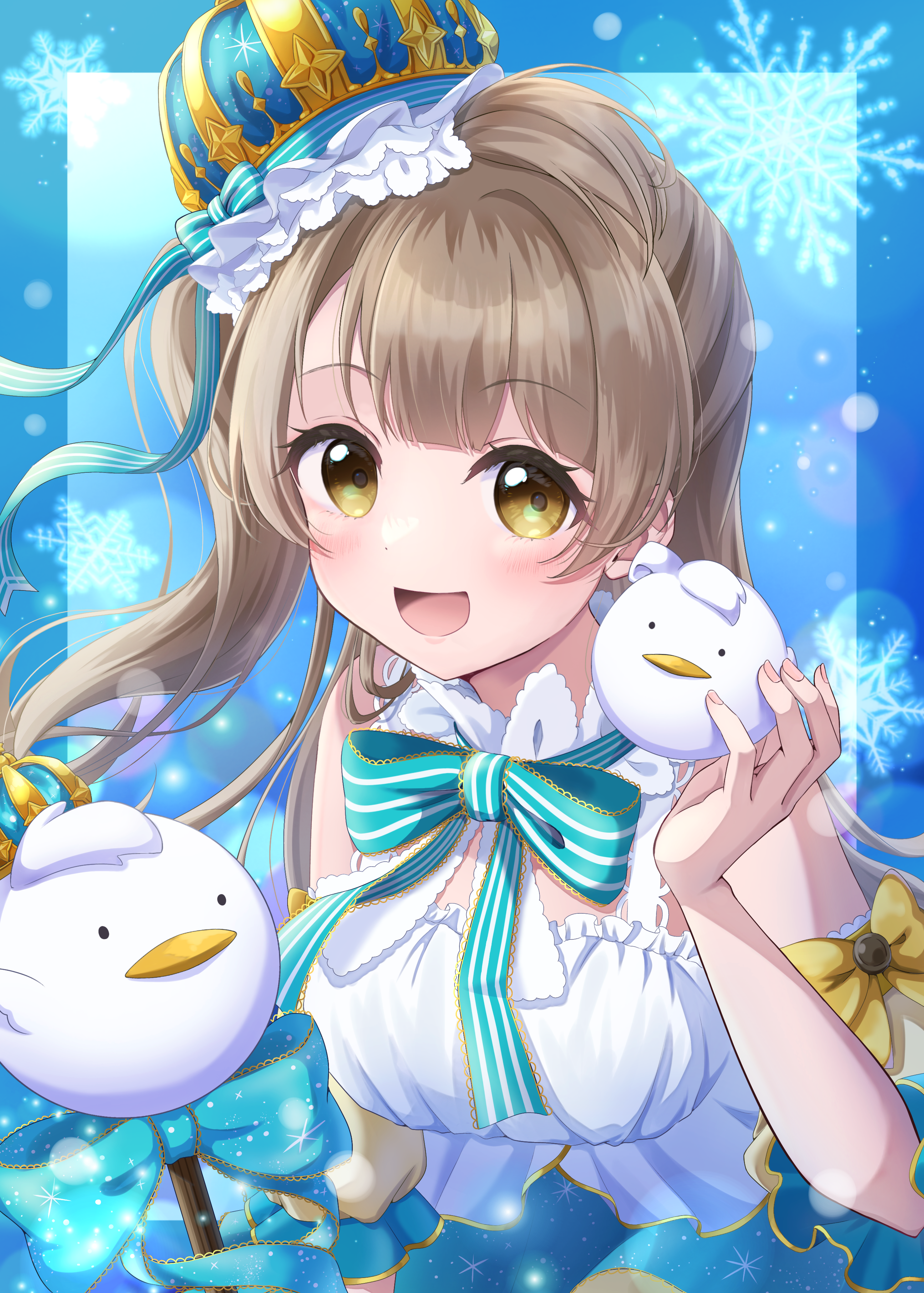 ritaso, minami kotori, love live!, love live! school idol project, absurdres, highres, 1girl, ahoge, birthday, blue background, blush, breasts, brown hair, crown, long hair, looking at viewer, medium breasts, one side up, snowflake background, solo, upper body, yellow eyes