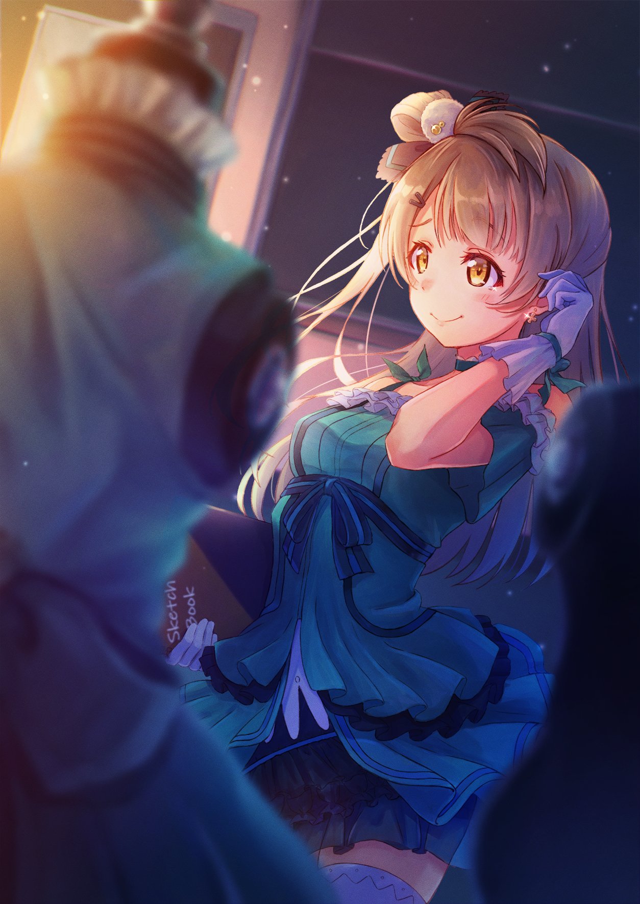macken666, minami kotori, love live!, love live! school idol project, commentary, highres, 1girl, ahoge, birthday, blush, breasts, brown hair, earrings, gloves, holding, holding sketchbook, jewelry, long hair, medium breasts, one side up, sketchbook, yellow eyes