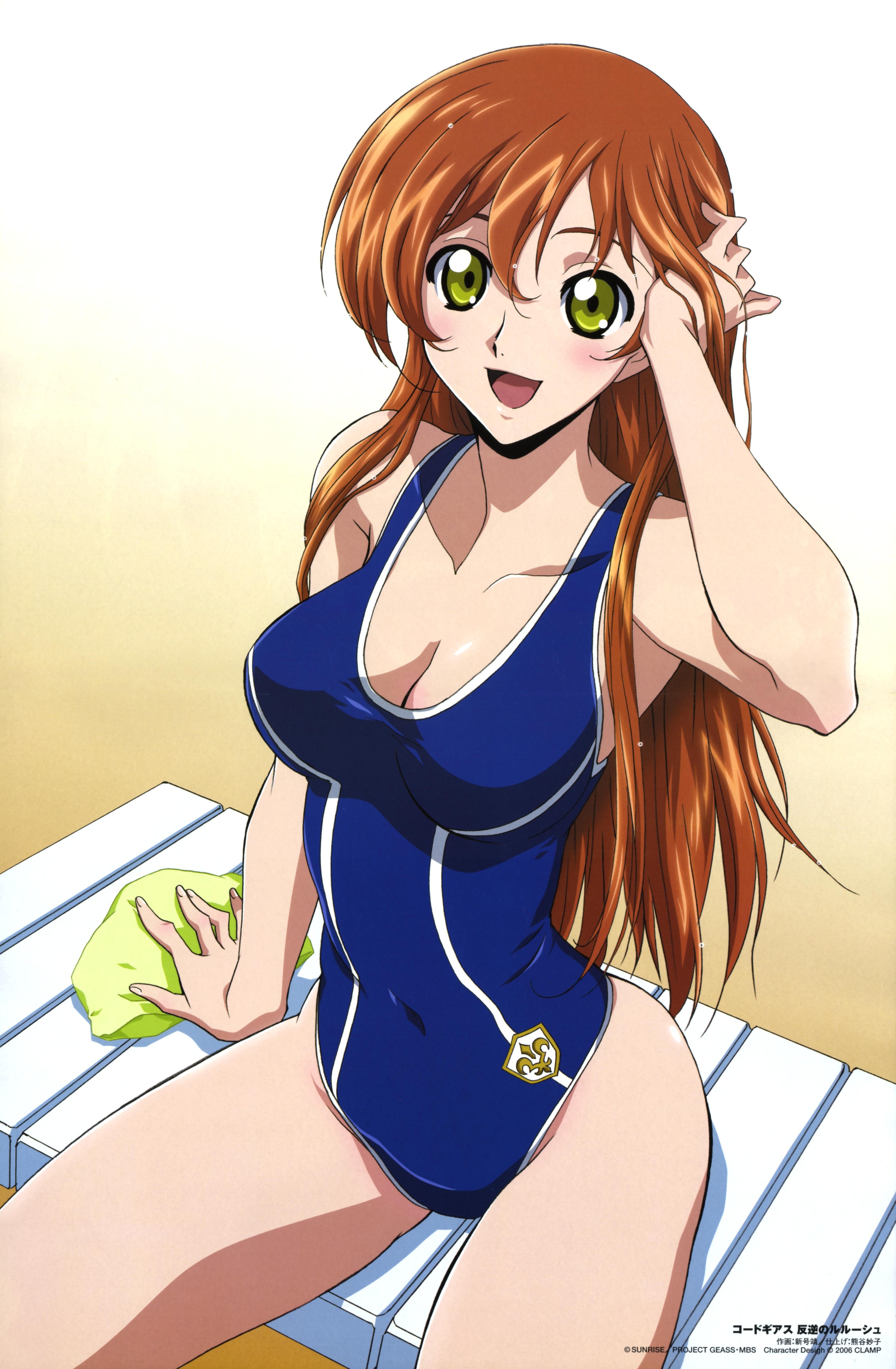 shingou yasushi, shirley fenette, code geass, comp h's, absurdres, highres, non-web source, official art, scan, 00s, 1girl, :d, adjusting hair, arm up, beach, blush, breasts, brown hair, chair, cleavage, female focus, green eyes, hair between eyes, hand on own head, large breasts, long hair, looking at viewer, lounge chair, navel, one-piece swimsuit, open mouth, outdoors, parted bangs, sand, sidelocks, single vertical stripe, sitting, smile, solo, spread legs, swim cap, swimsuit, taut clothes, taut swimsuit, thighs, wet, wet hair, wide hips