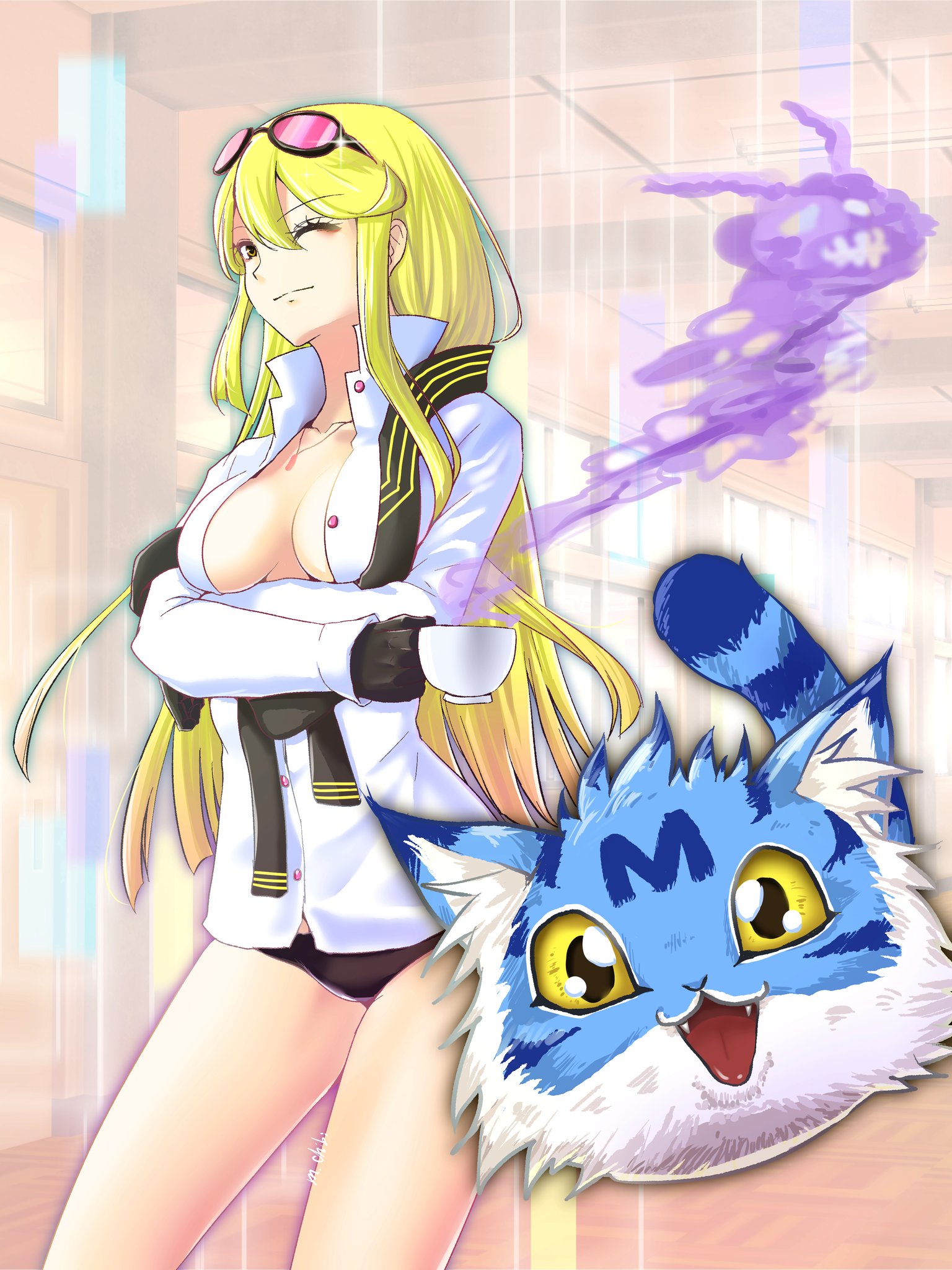 chibimaru-k, kuremi kyouko, wanyamon, digimon, digimon story: cyber sleuth, highres, 1girl, arms under breasts, black panties, blonde hair, breasts, cleavage, closed mouth, cowboy shot, digimon (creature), eyewear on head, indoors, long hair, panties, shirt, underwear, white shirt