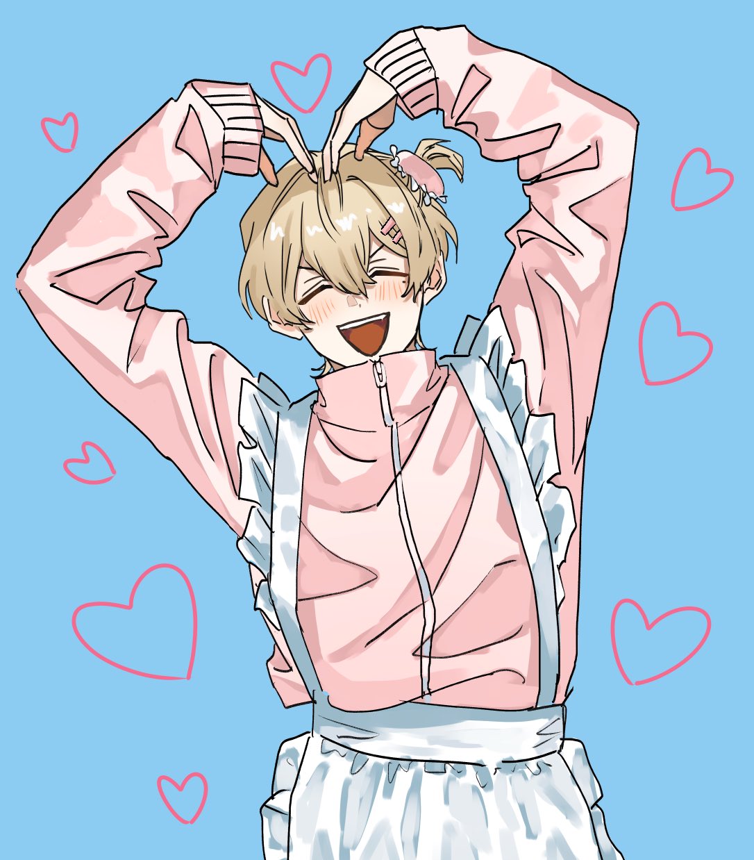 kaname kei, boukyaku battery, commentary request, highres, 1boy, alternate costume, apron, arms up, blonde hair, blue background, blush, closed eyes, cowboy shot, crossdressing, crossdressing (mtf), double-parted bangs, hair between eyes, hair ornament, hairclip, heart, heart arms, jacket, long sleeves, maid apron, male focus, open mouth, pink jacket, popped collar, rom harukei, short sidetail, solo, teeth, tongue, upper teeth only, white apron, zipper, zipper pull tab