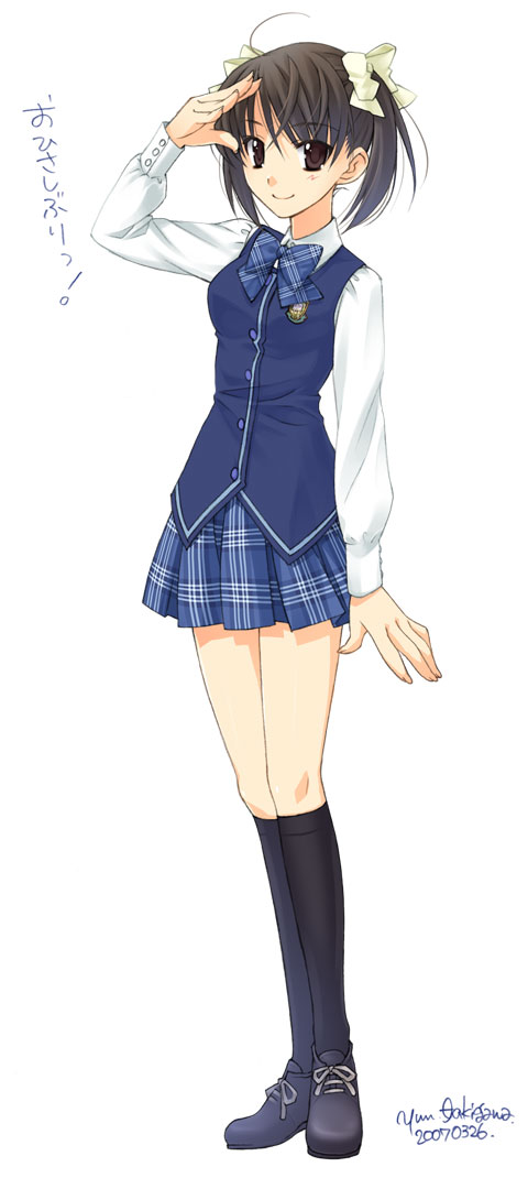 takigawa yuu, matsunaga sara, ever 17, 1girl, arm at side, brown eyes, brown hair, buttons, female focus, full body, kneehighs, loafers, long sleeves, looking at viewer, plaid clothes, plaid skirt, pleated skirt, salute, school uniform, serafuku, shirt, shoes, simple background, skirt, smile, socks, solo, standing, twintails, vest, white background, white shirt