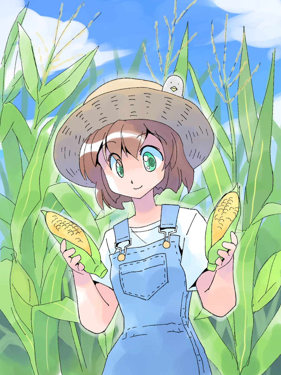 masuki, original, highres, 1girl, bird, blue overalls, blue sky, brown hair, closed mouth, cloud, corn, corn field, green eyes, hands up, hat, outdoors, overalls, shirt, shizi maron, short hair, short sleeves, sky, smile, solo, standing, straw hat, teeth, upper teeth only, white shirt