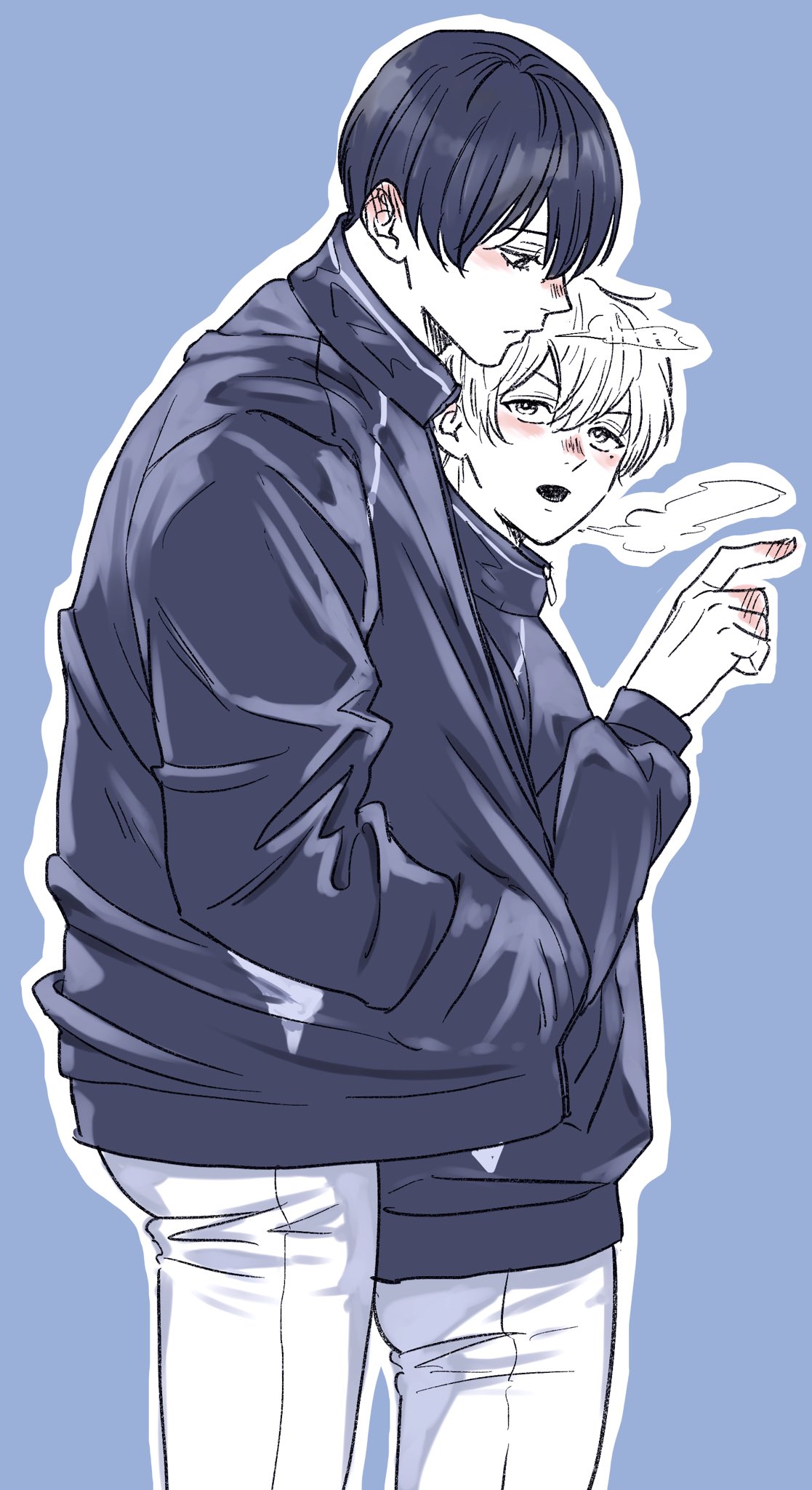 kaname kei, kiyomine haruka, boukyaku battery, commentary request, highres, 2boys, arm up, blue background, blush, breath, closed mouth, cold, collared jacket, double-parted bangs, hair between eyes, hand in pocket, jacket, long sleeves, looking to the side, male focus, monochrome, multiple boys, open mouth, pants, parted bangs, pointing, popped collar, rom harukei, shared clothes, shared jacket, short hair, sideways glance, simple background, standing, yaoi