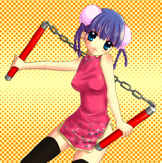 haruno ichigo, original, blue eyes, blue hair, braid, bun cover, china dress, chinese clothes, double bun, dress, nunchaku, solo, thighhighs, weapon, zettai ryouiki