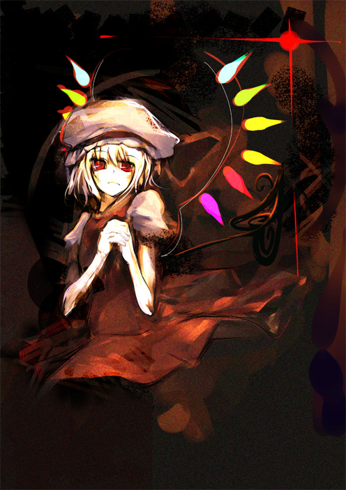 shimadoriru, flandre scarlet, touhou, 1girl, blonde hair, female focus, hat, hat ribbon, laevatein, mob cap, red eyes, ribbon, short hair, solo, white hat, wings