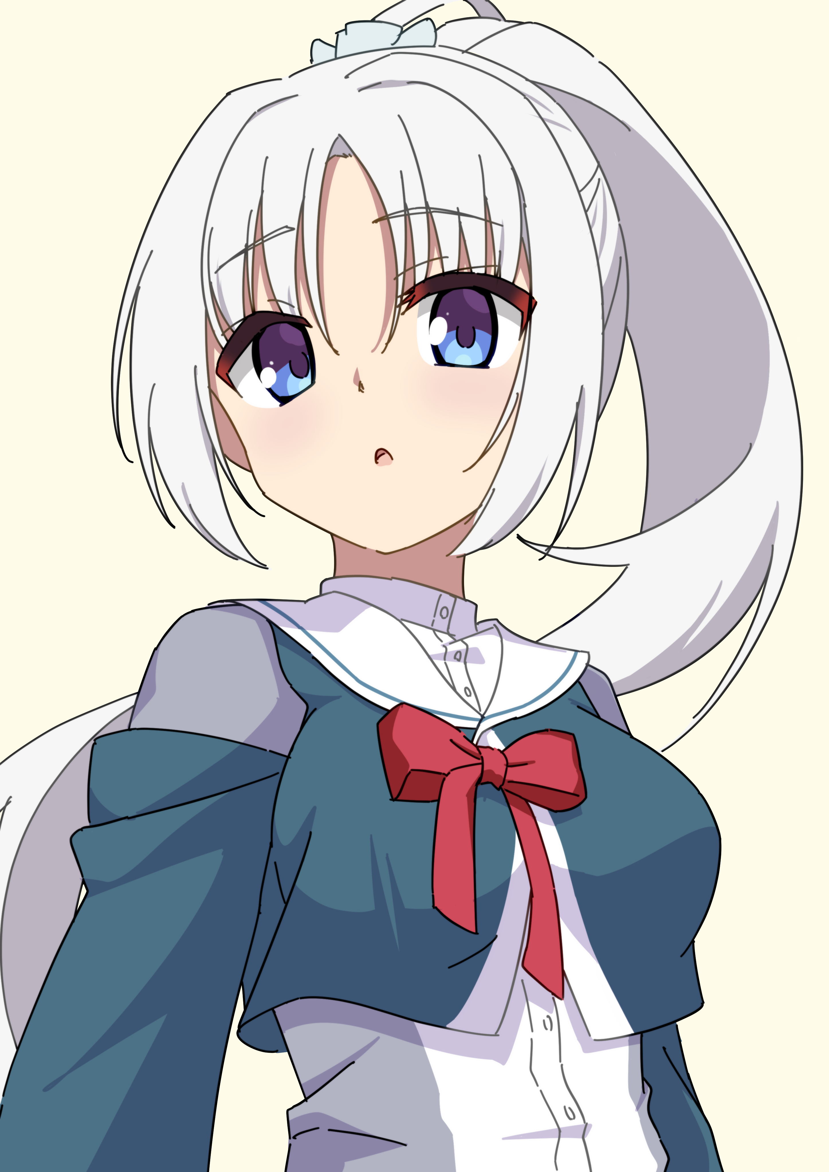 rishac owo, tomotake yoshino, senren banka, absurdres, commentary, highres, 1girl, :o, arms at sides, blue eyes, bow, bowtie, eyes visible through hair, floating hair, green jacket, hair between eyes, jacket, long hair, long sleeves, looking at viewer, open mouth, ponytail, red bow, red bowtie, sailor collar, school uniform, serafuku, shirt, sidelocks, simple background, solo, upper body, very long hair, white hair, white sailor collar, white shirt, yellow background