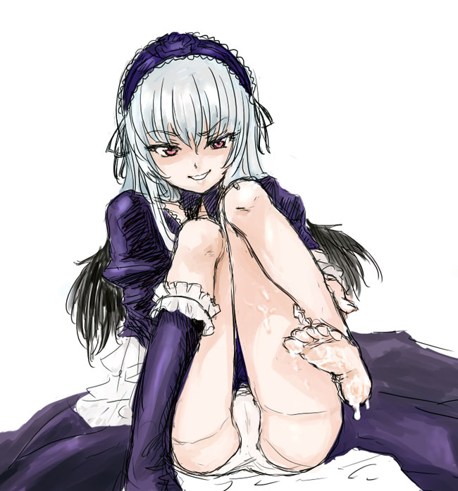 osakana (denpa yun'yun), suigintou, rozen maiden, silver hair, 00s, 1girl, barefoot, cum, cum on body, cum on lower body, dress, feet, female focus, gothic lolita, leg up, lolita fashion, naughty face, panties, red eyes, simple background, sitting, soles, solo, underwear, white background