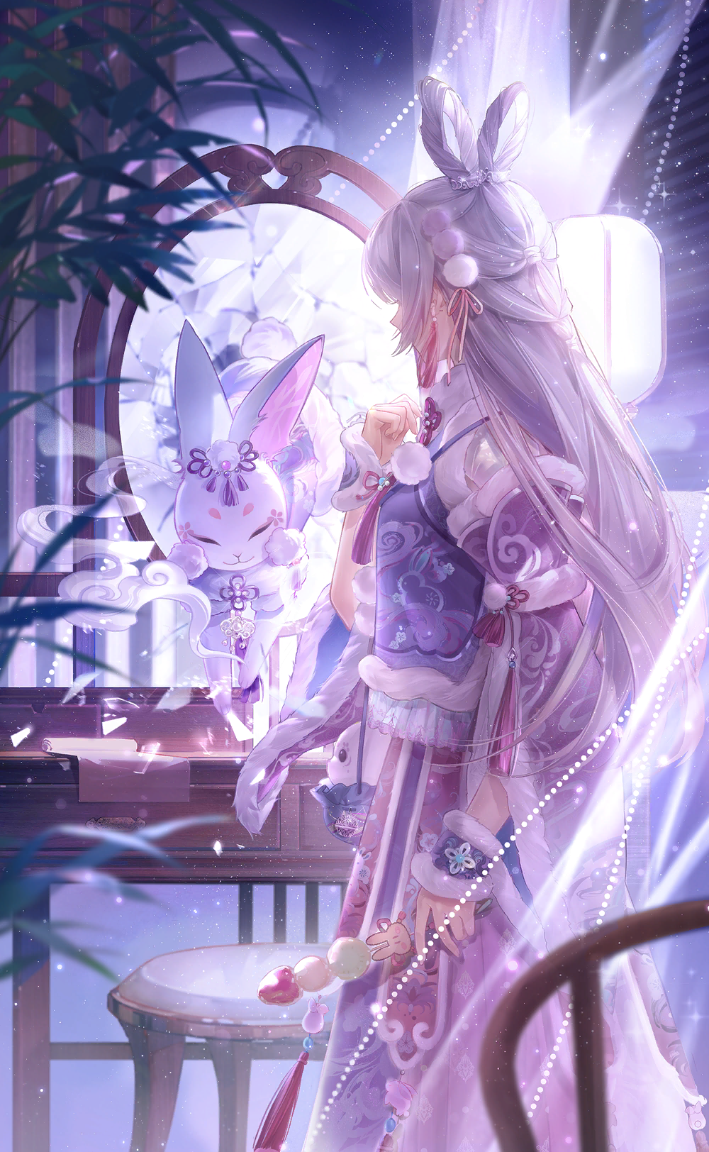 nikki (series), shining nikki, artist request, game cg, highres, official art, 1girl, animal, animal print, bare shoulders, blinders, chair, chinese clothes, clothed animal, cloud print, collared shirt, curtains, detached sleeves, different reflection, drawer, earrings, feet out of frame, food, frilled vest, frills, fur-trimmed sleeves, fur-trimmed vest, fur-trimmed wrist cuffs, fur trim, ghost liar (shining nikki), grey hair, hair ears, hair ornament, hair ribbon, hand on own chest, high-waist skirt, high collar, holding, holding food, indoors, jewelry, lantern, light particles, long hair, long skirt, long sleeves, looking at reflection, mandarin collar, mirror, night, night sky, official alternate color, paper lantern, pink ribbon, pink skirt, plant, pointy nose, pom pom (clothes), pom pom hair ornament, potted plant, purple sleeves, purple vest, purple wrist cuffs, rabbit, rabbit print, reflection, ribbon, shirt, skirt, sky, smoke, snow woven (shining nikki), stool, tassel, tassel earrings, very long hair, vest, wrist cuffs
