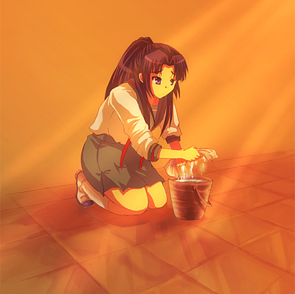 inui nagi, asakura ryoko, suzumiya haruhi no yuuutsu, lowres, 00s, 1girl, blush, brown eyes, brown hair, female focus, full body, indoors, kneeling, light rays, long sleeves, plant, ponytail, potted plant, sailor collar, school uniform, serafuku, smile, solo, sunlight, vase