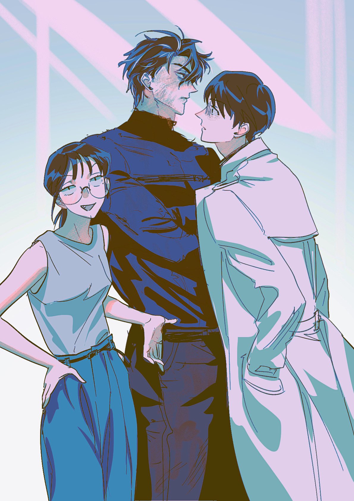 han sooyoung, kim dokja, yoo joonghyuk, omniscient reader's viewpoint, commentary request, highres, korean commentary, 1girl, 2boys, :d, averting eyes, bags under eyes, black eyes, black hair, coat, constricted pupils, crew neck, crossed arms, dirty, dirty face, eyesoffyou0003, feet out of frame, grey tank top, hand on another's hip, hand on own hip, hands in pockets, limited palette, looking at another, looking at viewer, low ponytail, multiple boys, open mouth, ponytail, smile, tank top, white coat