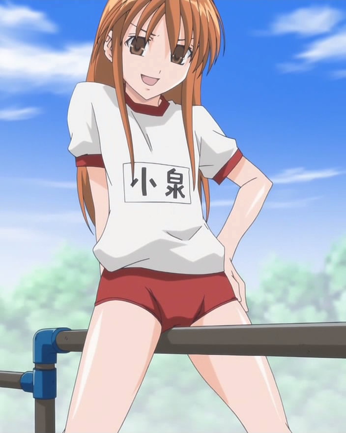 koizumi chika, kyou no go no ni, anime screenshot, 00s, 1girl, brown eyes, brown hair, buruma, crotch rub, female focus, female masturbation, gym uniform, kyo no 5-2, long hair, masturbation, naughty face, pole grind, solo
