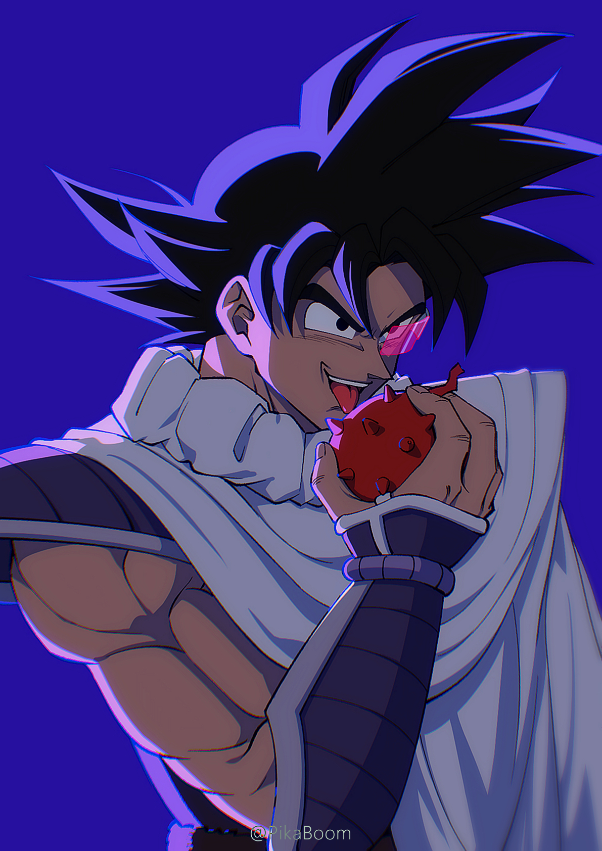 careful x, tullece, dragon ball, dragonball z, commentary, highres, 1boy, armor, artist name, black eyes, black hair, cloak, dark-skinned male, dark skin, food, fruit, holding, holding food, holding fruit, imminent bite, male focus, muscular, muscular male, open mouth, purple armor, purple background, red-tinted eyewear, saiyan, saiyan armor, scouter, solo, spiked hair, tinted eyewear, tongue, tongue out, upper body, vambraces, white cloak