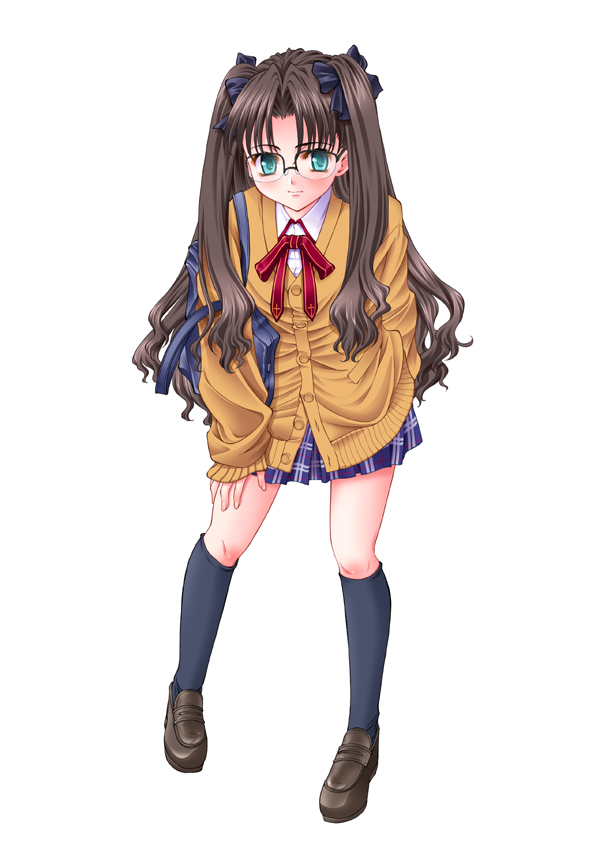 yoshida inuhito, tohsaka rin, fate/stay night, fate (series), 00s, 1girl, female focus, glasses, homurabara academy school uniform, kneehighs, school uniform, serafuku, socks, solo