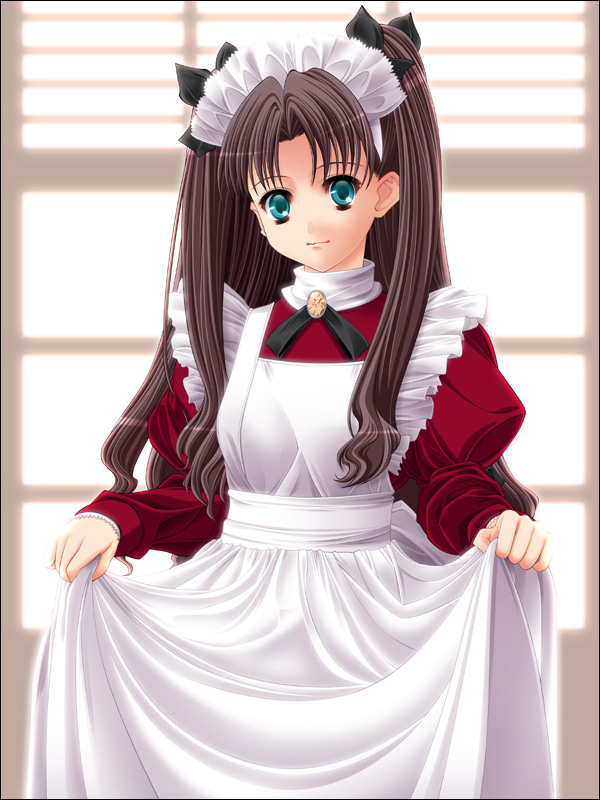 yoshida inuhito, tohsaka rin, fate/stay night, fate (series), 00s, 1girl, alternate costume, apron, aqua eyes, brooch, brown hair, cowboy shot, enmaided, female focus, hair ribbon, jewelry, long sleeves, maid, maid apron, maid headdress, puffy long sleeves, puffy sleeves, ribbon, smile, solo, twintails, window