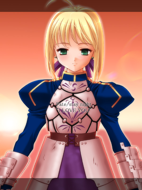 yoshida inuhito, artoria pendragon (fate), saber (fate), fate/stay night, fate (series), 00s, 1girl, ahoge, armor, armored dress, blonde hair, blue dress, bow, braid, copyright name, dress, earrings, english text, female focus, gauntlets, hair bow, jewelry, lens flare, short hair, smile, solo, sunlight, upper body