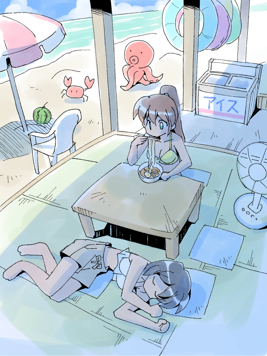 masuki, original, highres, 2girls, barefoot, beach, beach umbrella, black hair, bowl, bra, breasts, brown shorts, chair, chopsticks, closed eyes, crab, cushion, drawstring, eating, food, fruit, green eyes, holding, holding chopsticks, innertube, long hair, lying, monobloc (chair), multiple girls, noodles, ocean, octopus, on side, outdoors, pokka kanko, ponytail, sakamae choujuurou, shadow, short hair, shorts, sky, sleeping, summer, swim ring, table, tank top, umbrella, underwear, watermelon, white tank top, yellow bra, zabuton