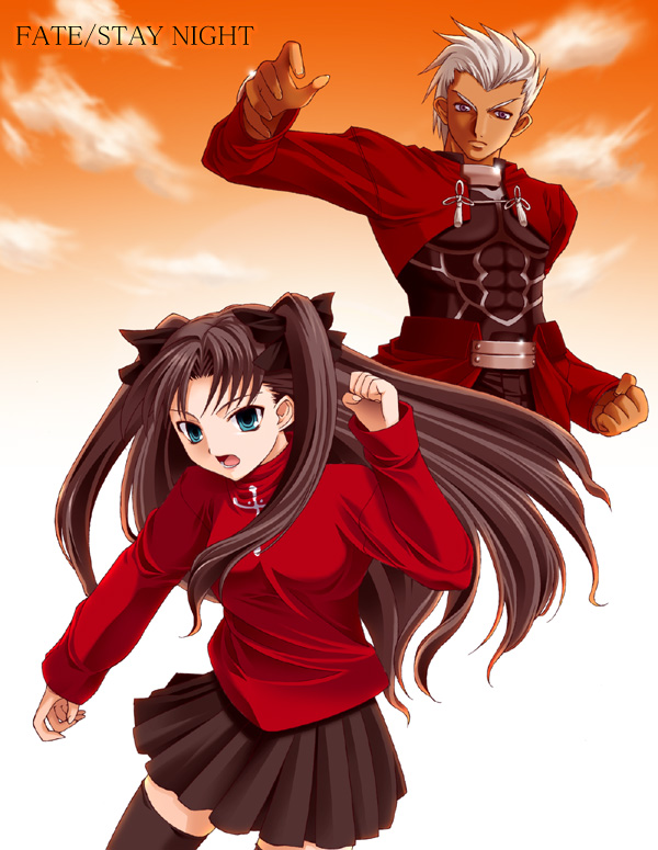 yoshida inuhito, archer (fate), tohsaka rin, fate/stay night, fate (series), 00s, 1boy, 1girl, dark-skinned male, dark skin, skirt, thighhighs, turtleneck, two side up