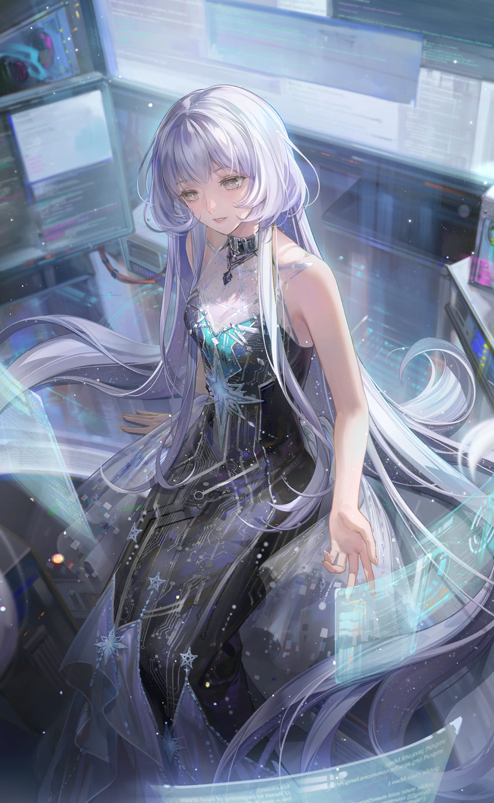 nikki (series), shining nikki, artist request, game cg, highres, official art, 1girl, bare arms, bare shoulders, belt, belt buckle, belt collar, black belt, black dress, breasts, buckle, collar, dress, eyelashes, feet out of frame, glow (shining nikki), gown, hair spread out, happy, holographic monitor, indoors, laboratory, laws of stars (shining nikki), long dress, long hair, on table, outstretched hand, parted lips, see-through clothes, see-through dress, sitting, sleeveless, sleeveless dress, small breasts, smile, solo, star (symbol), star print, table, very long hair, white hair, yellow eyes