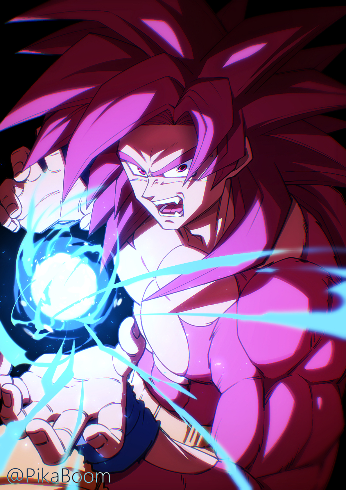 careful x, son goku, dragon ball, dragon ball daima, commentary request, highres, 1boy, abs, artist name, black background, fangs, imminent attack, kamehameha (dragon ball), long hair, looking at viewer, male focus, monkey boy, muscular, muscular male, open mouth, orange pants, pants, red eyes, red fur, red hair, solo, spiked hair, super saiyan, super saiyan 4, topless male, wristband