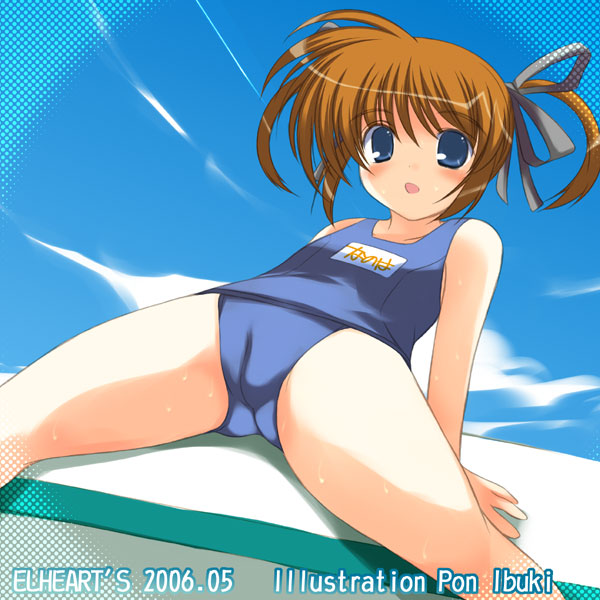 ibuki pon, takamachi nanoha, lyrical nanoha, mahou shoujo lyrical nanoha, 00s, 1girl, blue one-piece swimsuit, cameltoe, dated, day, female focus, name tag, one-piece swimsuit, school swimsuit, solo, swimsuit, twintails