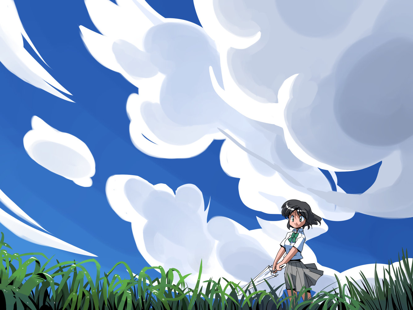 masuki, original, commentary, 1girl, black hair, blue sky, bow, bowtie, closed umbrella, cloud, grass, green bow, green bowtie, green eyes, grey skirt, holding, holding umbrella, outdoors, pleated skirt, sakamae choujuurou, school uniform, shirt, short hair, short sleeves, skirt, sky, solo, standing, umbrella, white shirt, white umbrella