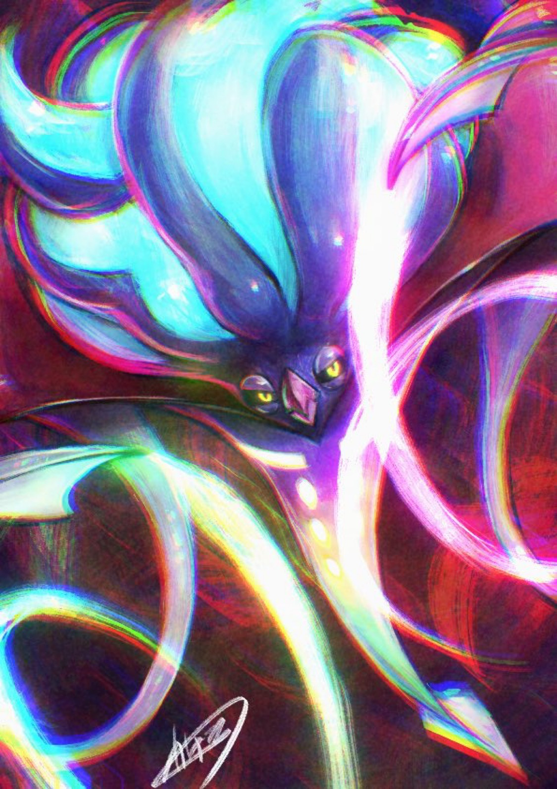 kaosu (kaosu0905), malamar, mega malamar, nintendo, pokemon, commentary request, highres, beak, black sclera, closed mouth, colored sclera, gen 6 pokemon, mega pokemon, narrowed eyes, no humans, pokemon (creature), pokemon focus, signature, solo, tentacles, yellow eyes