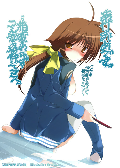 ibuki pon, amy limietta, lyrical nanoha, mahou shoujo lyrical nanoha, 00s, 1girl, breasts, clothes pull, female focus, panties, pantyhose, pantyhose pull, solo, striped clothes, striped panties, underwear, white pantyhose