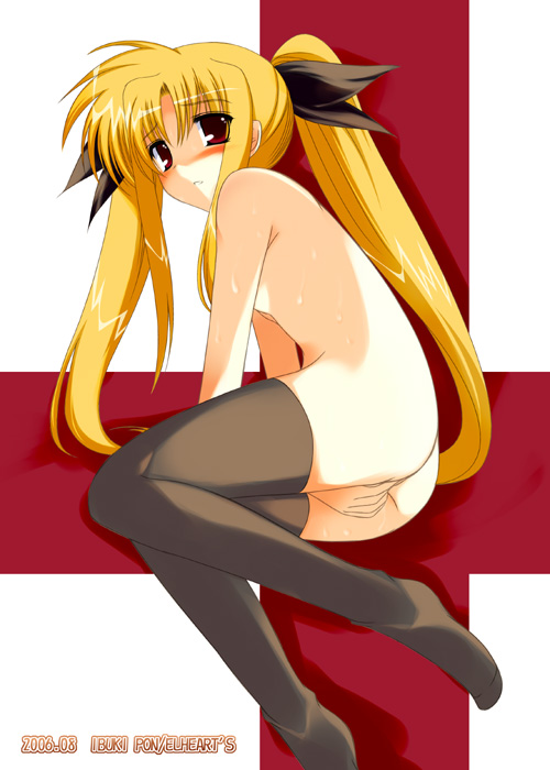 ibuki pon, fate testarossa, lyrical nanoha, mahou shoujo lyrical nanoha, 00s, ass, blonde hair, blush, flat chest, loli, long hair, lying, nude, red eyes, ribbon, socks, solo, sweat, thighhighs, twintails