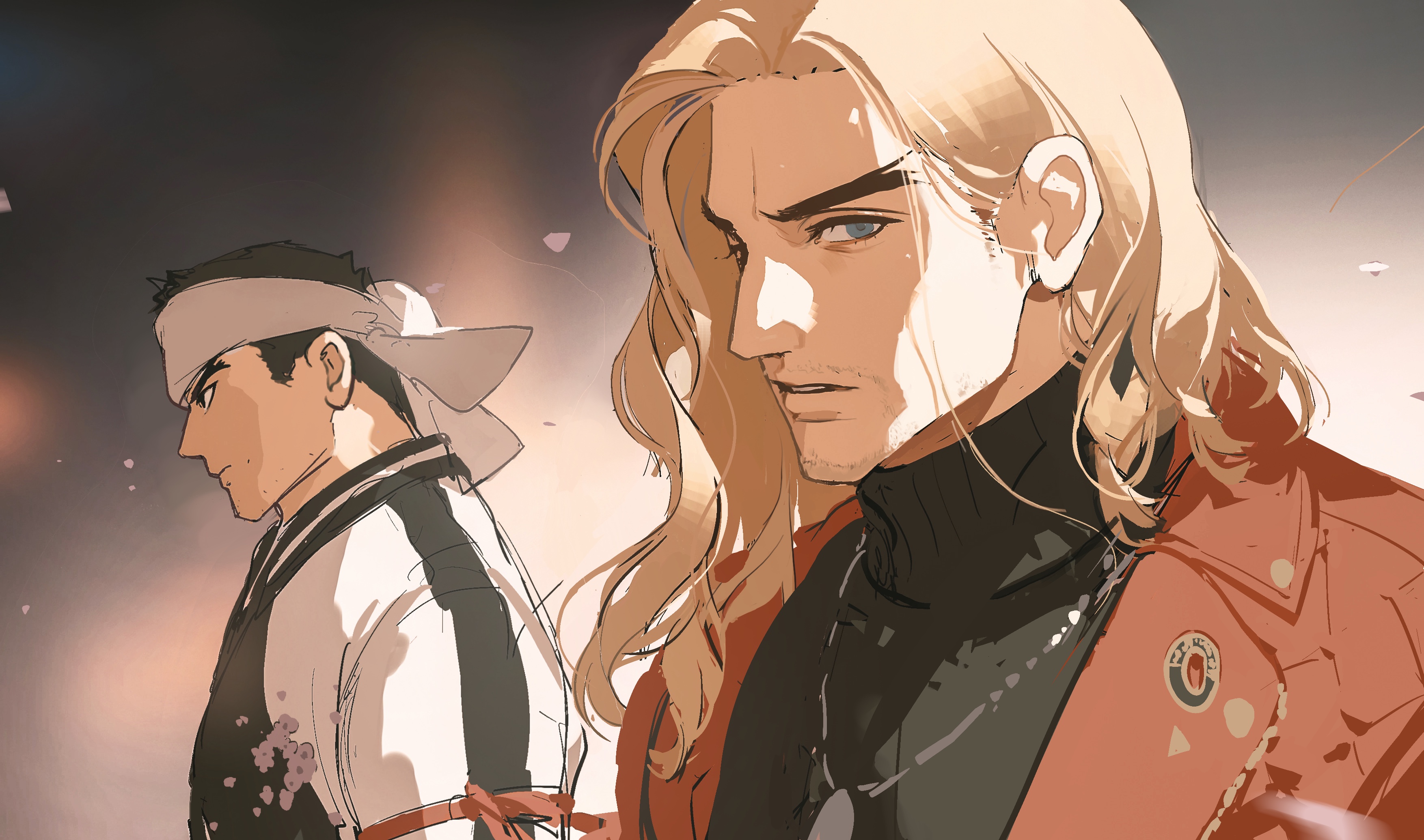 chongzhen 085, ken masters, ryu (street fighter), street fighter, street fighter 6, absurdres, highres, 2boys, beard stubble, black shirt, blue eyes, closed mouth, eyelashes, facial hair, hair behind ear, headband, jacket, jewelry, lapels, long hair, looking to the side, male focus, multiple boys, necklace, official alternate costume, open clothes, open jacket, parted lips, profile, red jacket, shirt, sketch, stubble, teeth, thick eyebrows, turtleneck, wavy hair, white headband