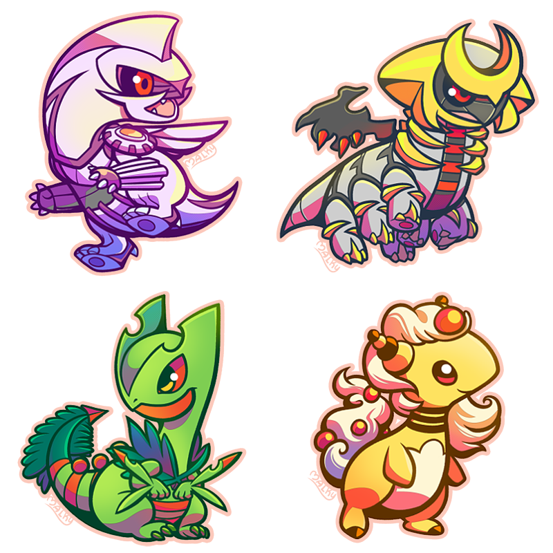 malky (malkshake), ampharos, giratina, mega ampharos, mega sceptile, palkia, sceptile, nintendo, pokemon, chibi, full body, gen 2 pokemon, gen 3 pokemon, gen 4 pokemon, legendary pokemon, mega pokemon, no humans, open mouth, outline, pink outline, pokemon (creature), red eyes, simple background, smile, white background