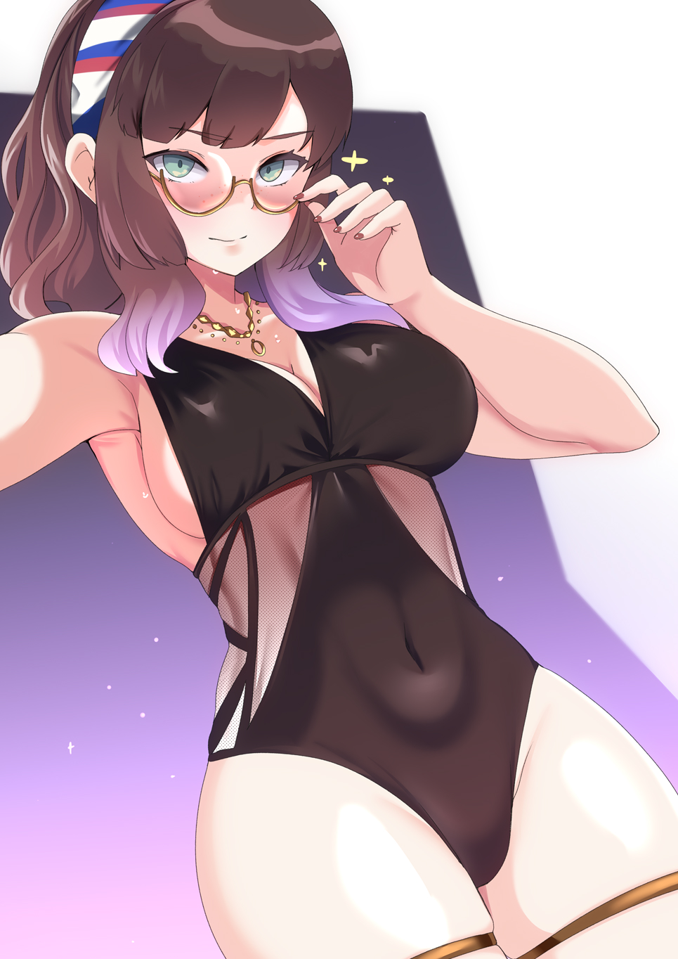 tirasi (so), mogador (kancolle), mogador (swimsuit) (kancolle), kantai collection, highres, 1girl, breasts, brown hair, glasses, gradient hair, green eyes, hairband, looking at viewer, multicolored hair, purple hair, red nails, smile, solo, striped clothes, striped hairband, swimsuit, two-tone hair