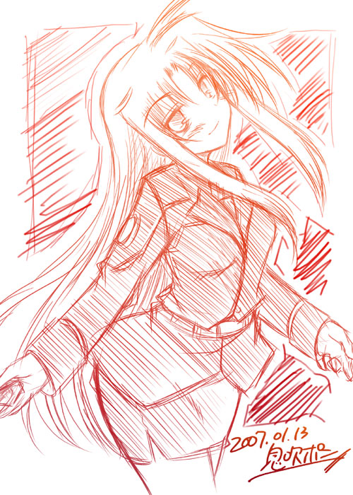 ibuki pon, fate testarossa, lyrical nanoha, mahou shoujo lyrical nanoha, mahou shoujo lyrical nanoha strikers, 00s, 1girl, 2007, cowboy shot, dated, female focus, long hair, long sleeves, looking at viewer, military, military uniform, miniskirt, monochrome, no legwear, red theme, side slit, sidelocks, signature, skirt, smile, solo, very long hair