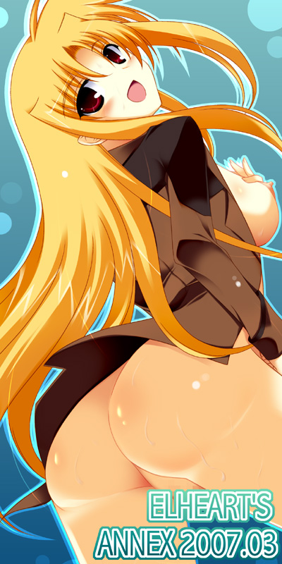 ibuki pon, fate testarossa, lyrical nanoha, mahou shoujo lyrical nanoha, mahou shoujo lyrical nanoha strikers, 00s, 1girl, ass, blonde hair, blush, breasts, female focus, large breasts, long hair, looking back, nipples, no panties, red eyes, solo