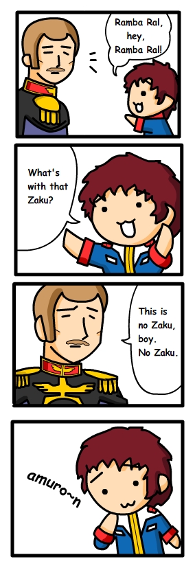 amuro ray, ramba ral, gundam, mobile suit gundam, hard-translated, long image, tall image, third-party edit, 2boys, 4koma, :3, brown hair, comic, facial hair, meme, military, military uniform, multiple boys, mustache, nyoro~n, parody, short hair, simple background, speech bubble, white background