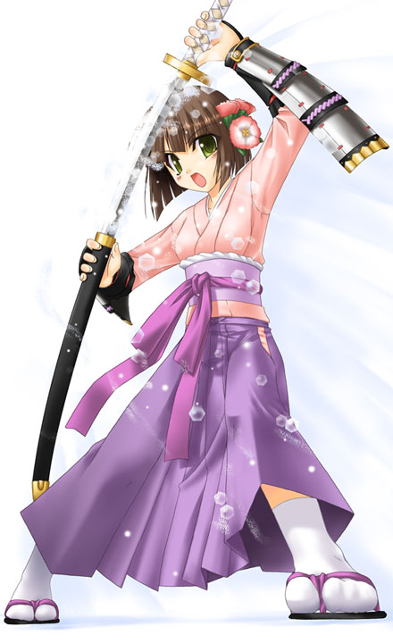 mizuna (water emp-tei), bushidou (sekaiju), bushidou 4 (sekaiju), mizuna, atlus, etrian odyssey, 1girl, female focus, flower, hakama, hakama skirt, japanese clothes, katana, open mouth, samurai, sheath, skirt, solo, sword, unsheathing, weapon
