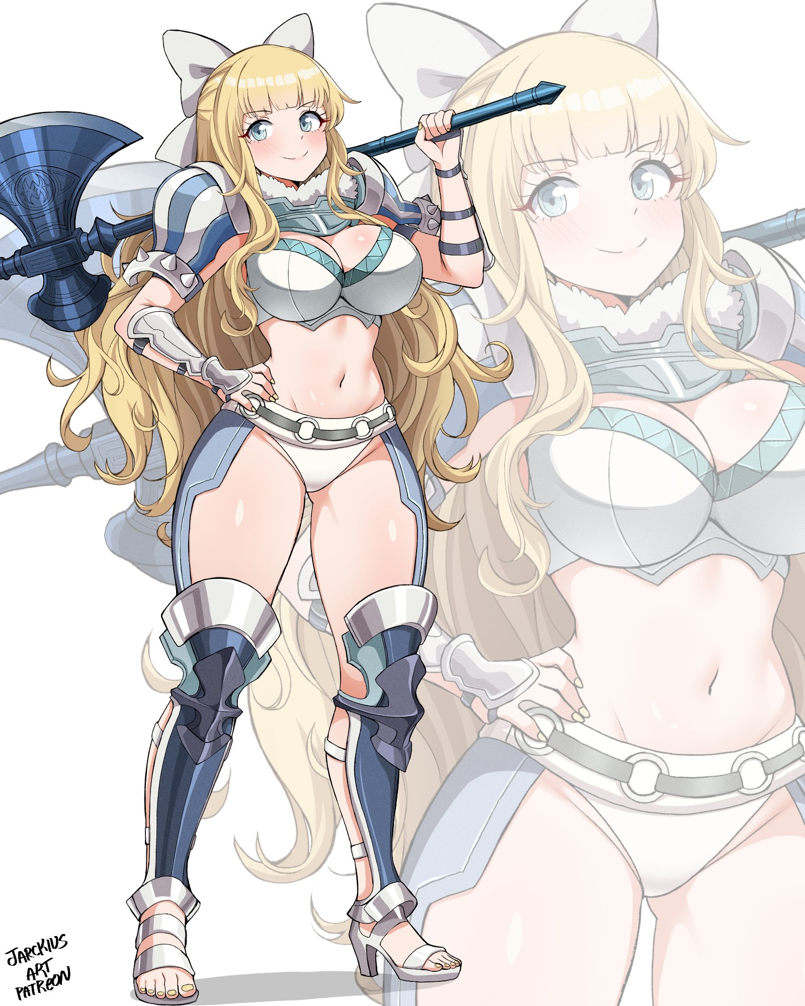jarckius, charlotte (fire emblem), fire emblem, fire emblem fates, nintendo, highres, 1girl, arm guards, armor, axe, bare legs, battle axe, bikini, bikini armor, blonde hair, blue eyes, blush, bow, breasts, cleavage, closed mouth, fur trim, hair bow, hand on own hip, high heels, holding, holding axe, large breasts, long hair, looking at viewer, navel, panties, pauldrons, shoulder armor, smile, solo, stomach, swimsuit, thick thighs, thighs, underwear, very long hair, wavy hair, weapon, white bikini, white bow, white panties, wide hips