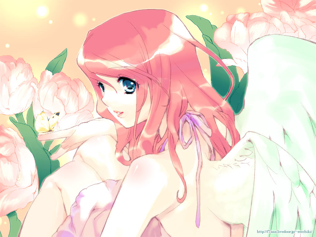 888, tagme, blue eyes, flower, pink hair, solo, wings